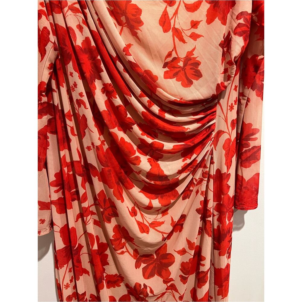 Pretty Lavish Floral Mesh Maxi Dress Size 20 Pink Red Ruched Long Sleeve NWT - Picture 3 of 9